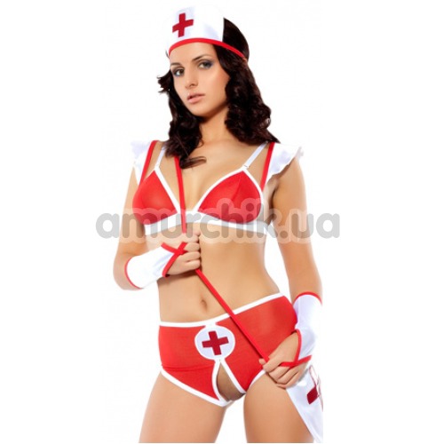 Костюм медсестры Love Party Sexy Nurse: бюстгальтер + трусики-шортики + чепчик + сумочка - Фото №1
