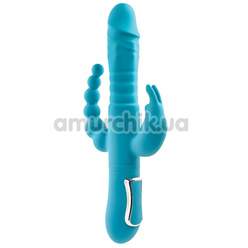 Анально-вагинально-клиторальный вибратор с толчками Eve's Thrusting Triple Joy Rabbit, голубой - Фото №1