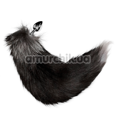 Анальна пробка з чорним хвостом лисиці DS Fetish Anal Plug Faux Fur Fox Tail, срібляста - Фото №1