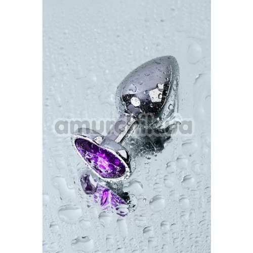 Анальная пробка с фиолетовым кристаллом Toyfa Metal Heart 717013-5, серебряная