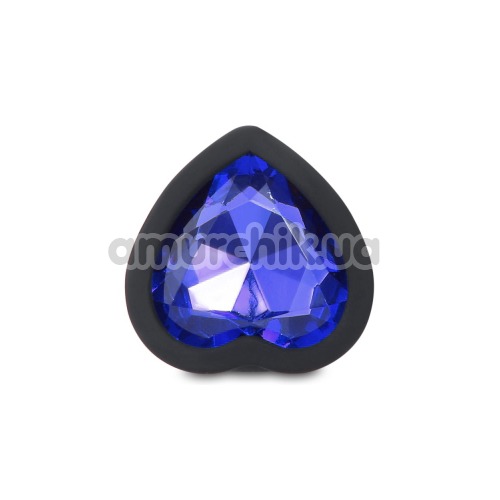 Анальная пробка с синим кристаллом Silicone Jewelled Butt Plug Heart Small, черная