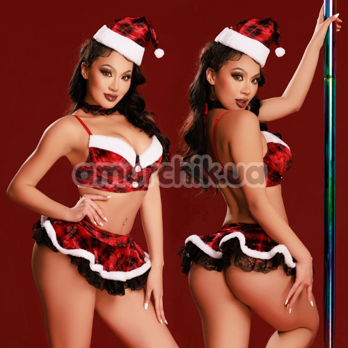 Костюм новогодний JSY Sexy Lingerie 8112, красный: юбка + топ + головной убор + трусики-стринги