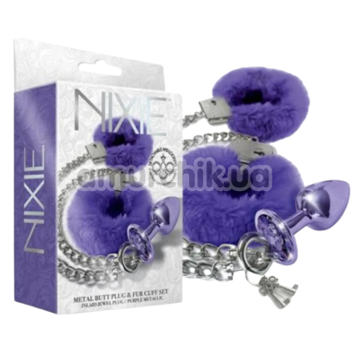 Анальная пробка с наручниками Nixie Metal Butt Plug & Fur Cuff Set, фиолетовая