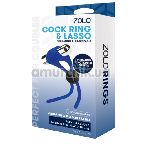 Віброкільце для члена Zolo Cock Ring & Lasso, синє