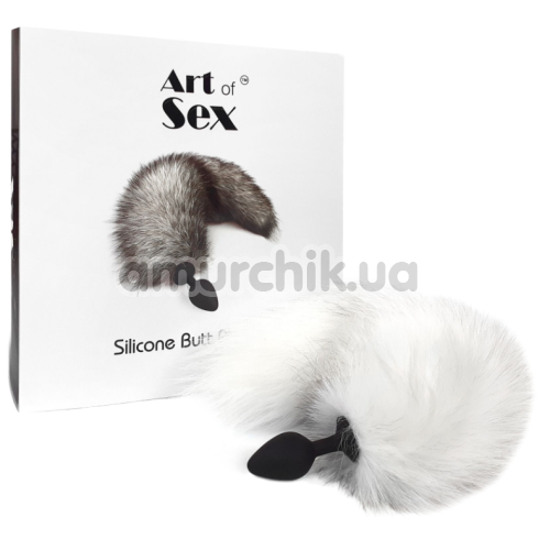 Анальна пробка з білим хвостиком Art Of Sex Silicone Butt Plug White Fox M, чорна