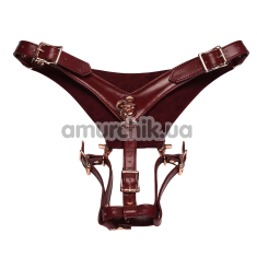 Трусики для вібромасажера Liebe Seele Wine Red Leather Forced Orgasm Wand Massager Harness Belt, бордові - Фото №1