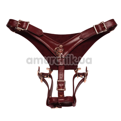 Трусики для вибромассажера Liebe Seele Wine Red Leather Forced Orgasm Wand Massager Harness Belt, бордовые