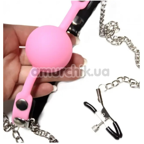 Кляп с зажимами для сосков DS Fetish Locking Gag With Nipple Clamps, розово-черный