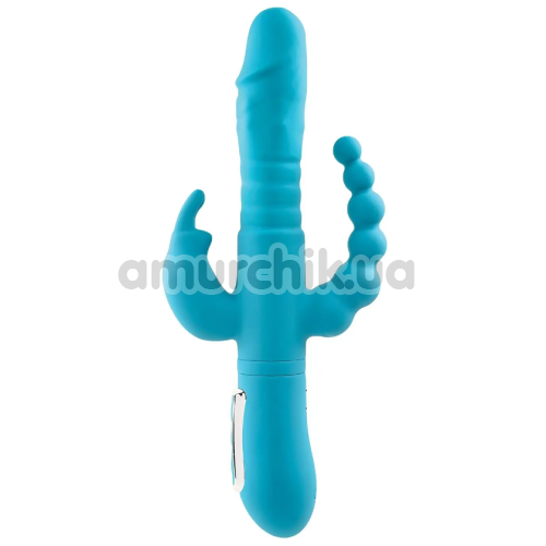 Анально-вагинально-клиторальный вибратор с толчками Eve's Thrusting Triple Joy Rabbit, голубой