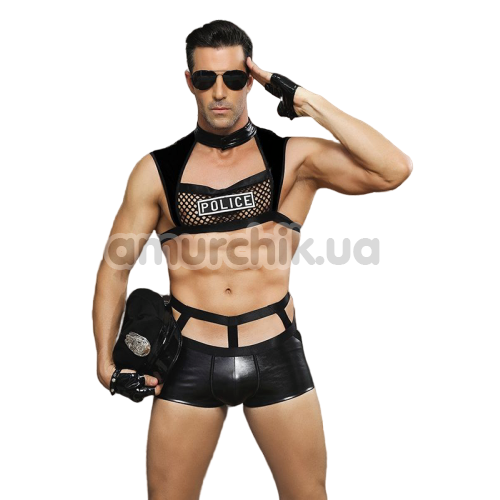 Костюм полицейского JSY Police 6603 чёрный: топ + трусы + перчатки + очки + наручники