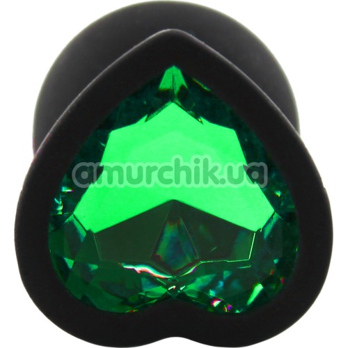 Анальная пробка с зеленым кристаллом Silicone Jewelled Butt Plug Heart Small, черная
