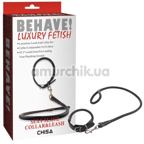 Нашийник з повідцем Behave! Luxury Fetish Sexy Slave Collar & Leash, чорний