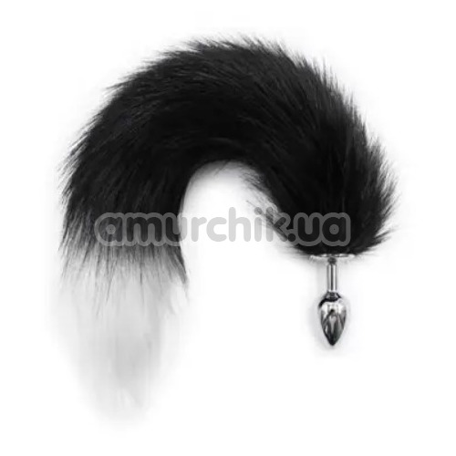 Анальна пробка з чорно-білим хвостом лисиці DS Fetish Anal Plug Faux Fur Fox Tail S, срібляста