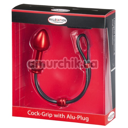 Эрекционное кольцо с анальной пробкой Malesation Cock-Grip mit Alu-Plug klein, красное