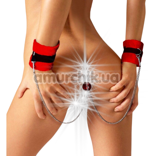 Анальная пробка с фиксаторами для рук Art Of Sex Handcuffs With Metal Anal Plug M, красная
