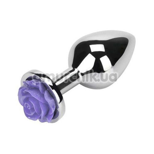 Анальная пробка с фиолетовой розочкой Loveshop Flower, серебряная - Фото №1