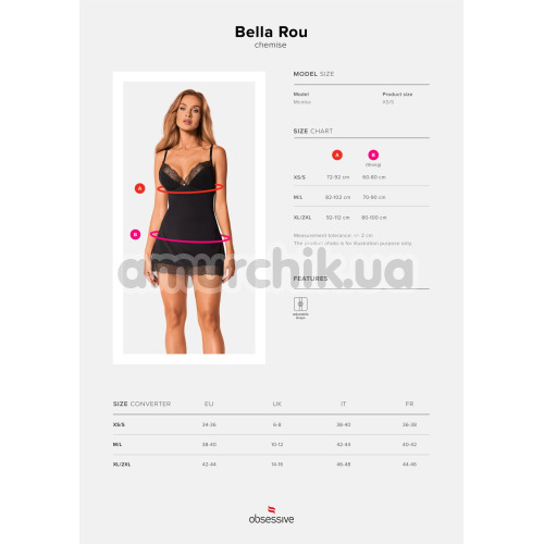 Комплект Obsessive Bella Rou чорний: комбінація + трусики-стрінги