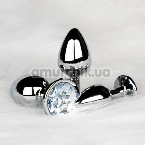 Анальная пробка с прозрачным кристаллом Ouch! Metal Butt Plug Medium, серебряная