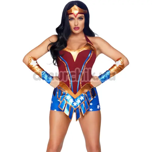 Костюм героини Leg Avenue Heart Stopping Hero Romper, сине-красный: комбинезон + перчатки + повязка на голову - Фото №1