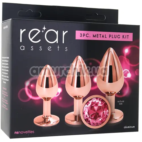 Набір анальних пробок з рожевим кристалом Rear Assets 3pc Metal Plug Kit, рожево-золотий