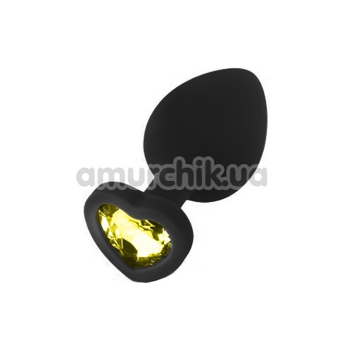 Анальна пробка з жовтим кристалом Silicone Jewelled Butt Plug Heart Small, чорна