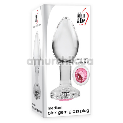 Анальная пробка с розовым кристаллом Adam & Eve Pink Gem Glass Plug Medium, прозрачная