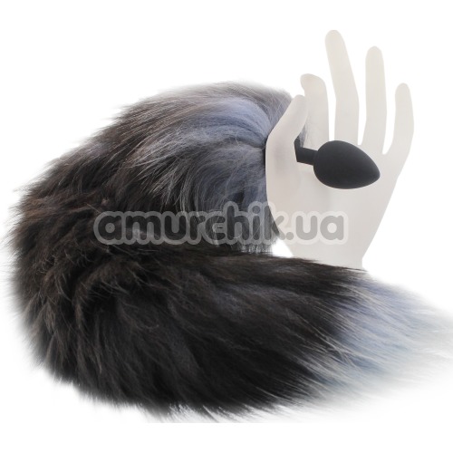 Анальная пробка с черно-голубым хвостом Horny Kitten, черная