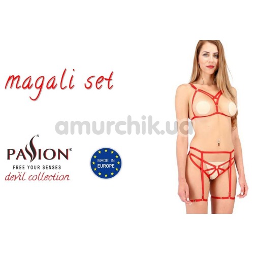 Комплект Passion Free Your Senses Devil Collection Magali Set червоний: бюстгальтер + пояс для панчіх + трусики-стрінги