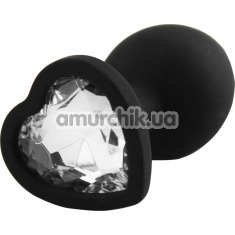 Анальная пробка с прозрачным кристаллом Silicone Jewelled Butt Plug Heart Small, черная - Фото №1