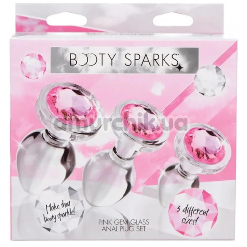 Набор анальных пробок с розовым кристаллом Booty Sparks Pink Gem Glass Anal Plug Set, прозрачный