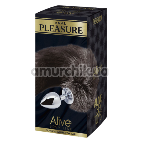 Анальна пробка з чорно-білим хвостиком Alive Anal Pleasure Black And White Fox Tail M, срібна