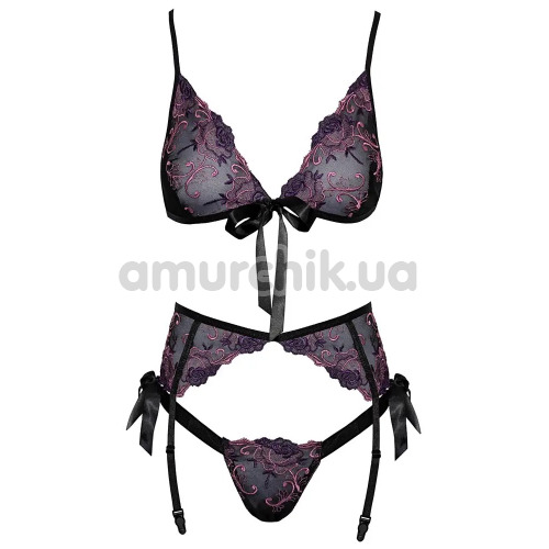 Комплект Kissable Embroidery Lingerie Set, фіолетовий: бюстгальтер + трусики-стрінги + пояс для панчіх