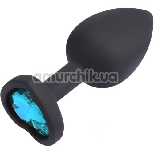 Анальная пробка с голубым кристаллом Silicone Jewelled Butt Plug Heart Small, черная