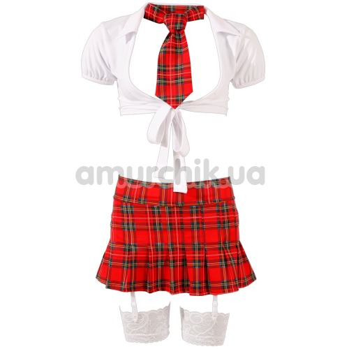Костюм школярки Cottelli Collection Costumes 2470365 біло-червоний: топ + міні-спідниця + трусики + чулки + галстук