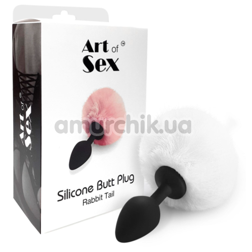 Анальна пробка з білим хвостиком Art Of Sex Silicone Butt Plug Rabbit Tail M, чорна