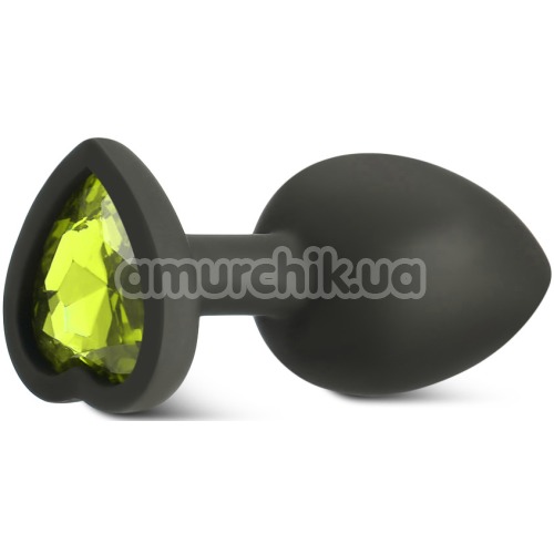 Анальная пробка с салатовым кристаллом Silicone Jewelled Butt Plug Heart Small, черная
