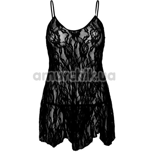 Комплект Leg Avenue Rose Lace Flair Chemise, чорний: пеньюар + трусики-стрінги