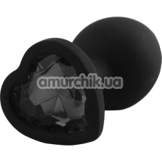Анальна пробка з чорним кристалом Silicone Jewelled Butt Plug Heart Small, чорна - Фото №1