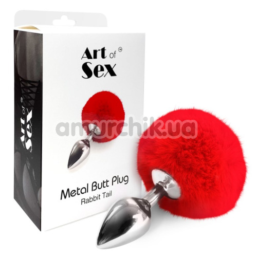 Анальная пробка с красным хвостиком Art Of Sex Metal Butt Plug Rabbit Tail M, серебряная