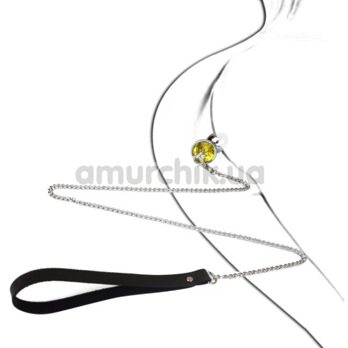 Анальна пробка з жовтим кристалом та повідцем Art Of Sex Metal Anal Plug with Leash S, срібна
