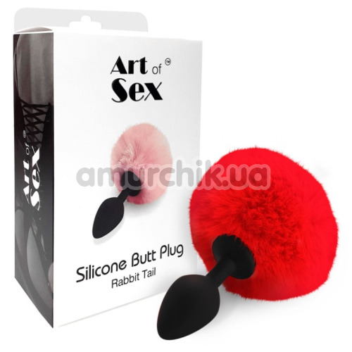 Анальна пробка з червоним хвостиком Art Of Sex Silicone Butt Plug Rabbit Tail M, чорна