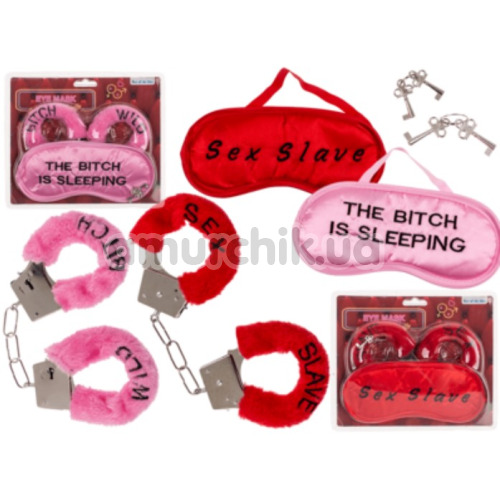 Набір: маска на очі Eye Mask The Bitch Is Sleeping + наручники Bitch Wild, рожево-чорний