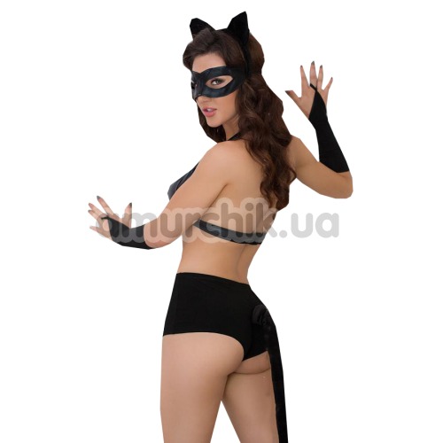 Комплект Catwoman, чорний : шорти + бюстгалтер + маска + обруч з вушками + рукавички