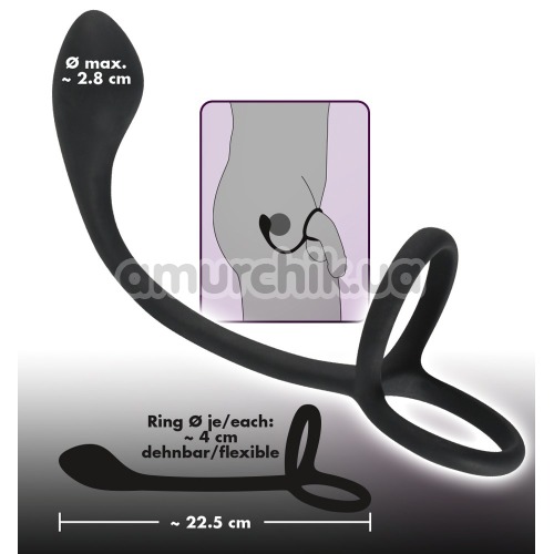 Эрекционное кольцо с анальной пробкой Black Velvets Cock & Ball Ring + Plug, чёрное