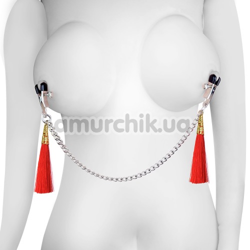Затискачі для сосків LoveToy Bondage Fetish Tassel Nipple Clamp With Chain, червоні