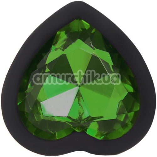Анальна пробка із зеленим кристалом Silicone Jewelled Butt Plug Heart Small, чорна