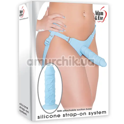 Страпон Adam & Eve Silicone Strap-on System, блакитний