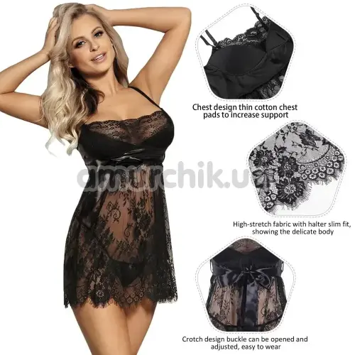 Комплект Star Night Tulle Set With T-Strings, черный: пеньюар + трусики-стринги