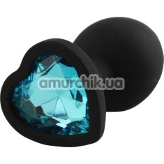 Анальна пробка з блакитним кристалом Silicone Jewelled Butt Plug Heart Small, чорна - Фото №1