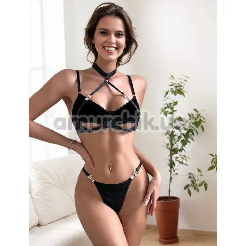 Комплект Star Night Velvet Hollow Cut Halter, чорний: бюстгальтер + трусики-стрінги